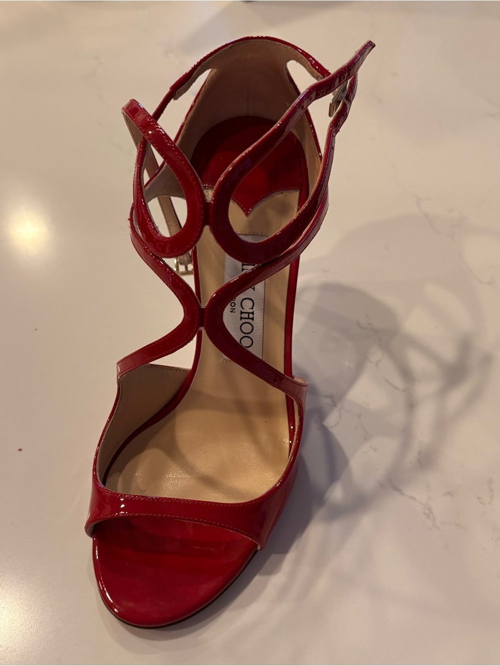 Jimmy Choo Red Patent Leather Strappy Sandal Heel
